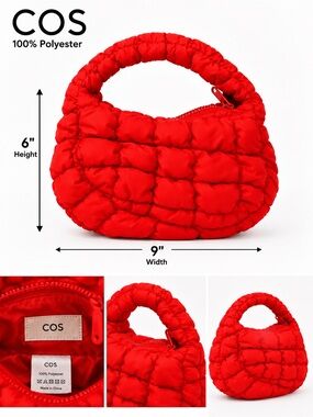 COS Red Quilted Micro Puffer Bag 100% Polyester Mini Top Handle Purse